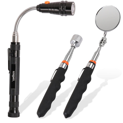 Horusdy 3Pc Magnetic Pick Up Tool Swivel Inspection Mirror Flexible Telescope Led Light Other Hand Tools