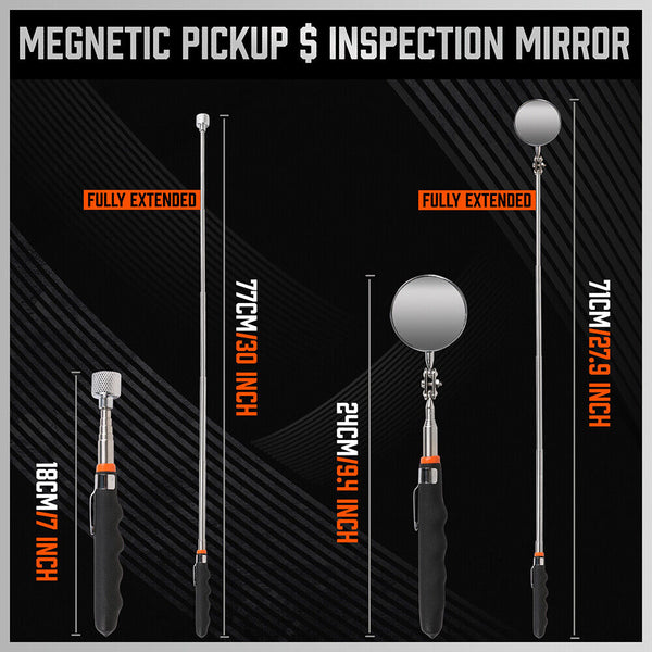 3Pc Magnetic Pick Up Tool Swivel Inspection Mirror Flexible Telescope Led Light