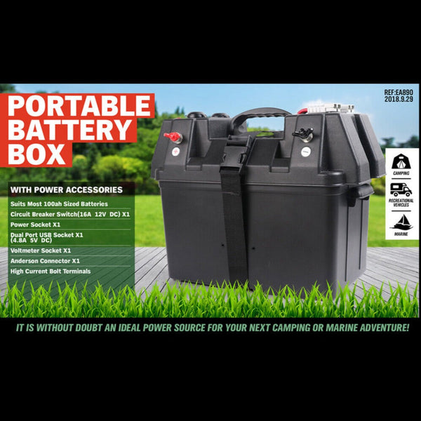 12V 100Ah Deep Cycle Battery Box Portable Power Storage Marine Solar Usb Camping