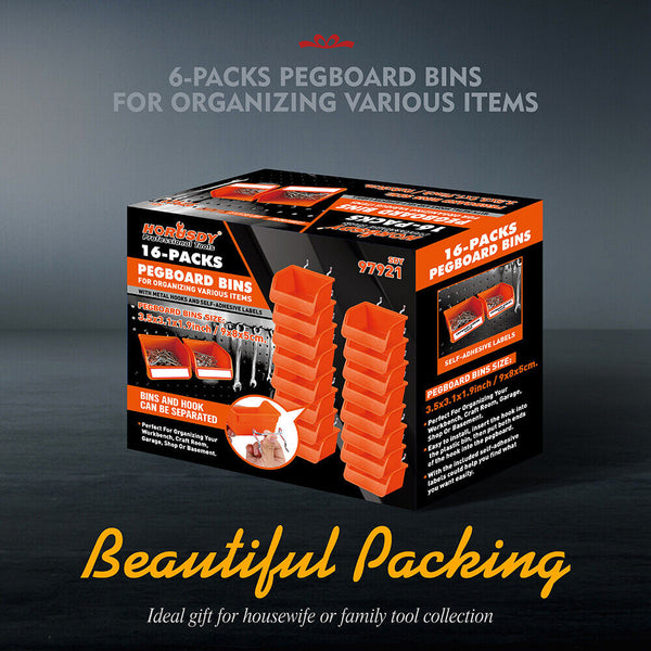 Horusdy 16Pc Pegboard Bins Board Parts Storage With Steel Hooks Tools Organiser Tray Other Tool Storage