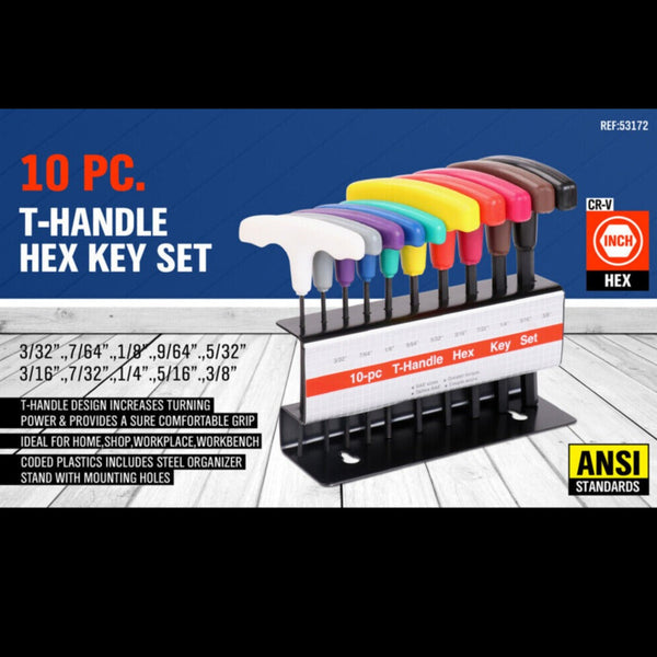 Horusdy 10 Piece T Handle Hex Key Set Allen Wrench Sae/Imperial Sizes 3/32" 3/8" Heat Treated Steel With Color Code Organizer Stand Hex Keys & Hex Wre