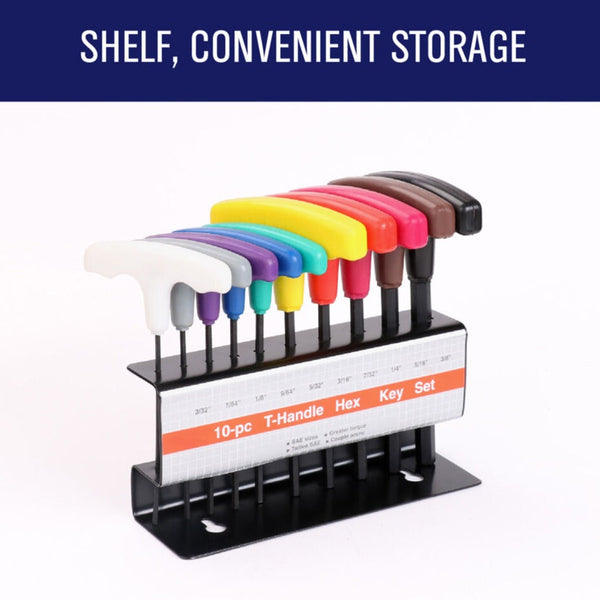 Horusdy 10 Piece T Handle Hex Key Set Allen Wrench Sae/Imperial Sizes 3/32" 3/8" Heat Treated Steel With Color Code Organizer Stand Hex Keys & Hex Wre