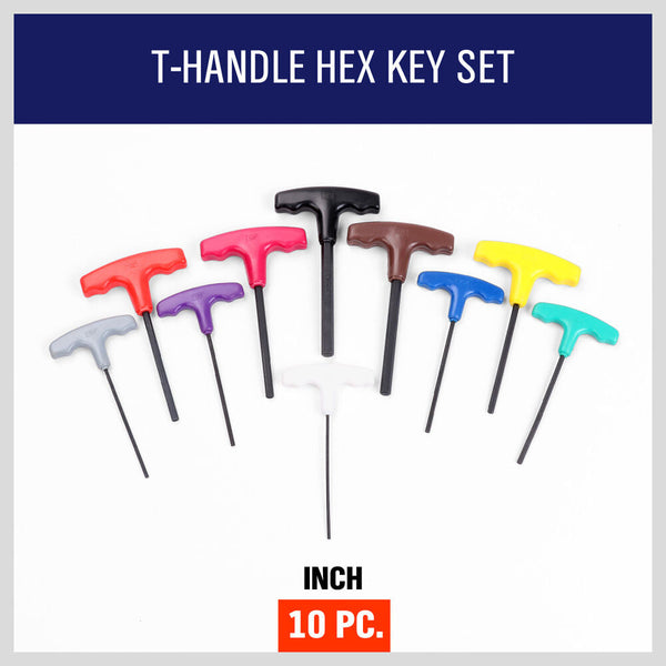 10-Piece T-Handle Hex Key Set, Allen Wrench Sae/Imperial Sizes 3/32"-3/8", Heat-Treated Steel With Color-Code Organizer Stand