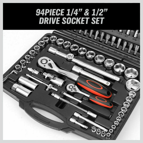 Horusdy 94Pc Socket Ratchet Wrench Set Screwdriver Bits Extension Torx Hex 1/4" 1/2" Dr Socket Wrenches