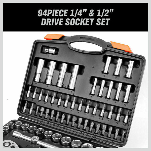 94Pc Socket Ratchet Wrench Set Screwdriver Bits Extension Torx Hex 1/4" 1/2" Dr