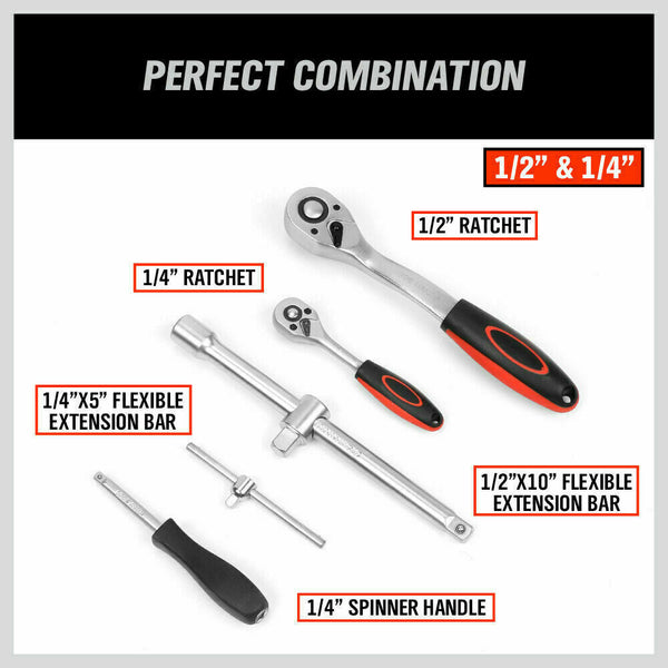 Horusdy 94Pc Socket Ratchet Wrench Set Screwdriver Bits Extension Torx Hex 1/4" 1/2" Dr Socket Wrenches