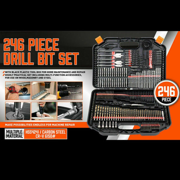 246Pc Combination Drill Bits Set Wood Hole Saw Metal Cement Screwdriver Drilling