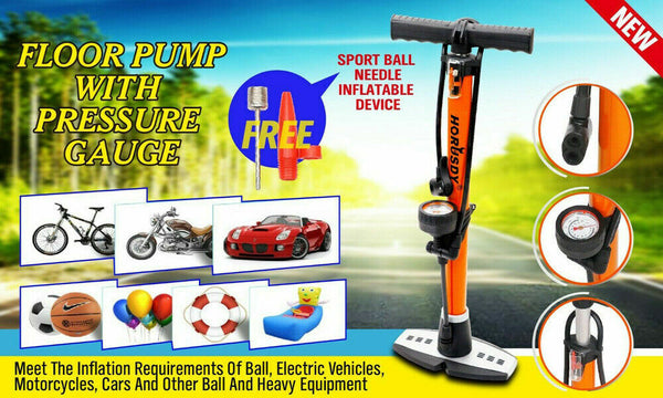 Horusdy High Pressure Air Pump Bicycle Bike Alloy Floor Gauge Ball Balloon Nozzles Pumps