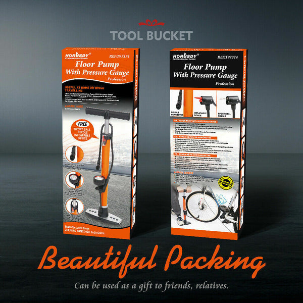 Horusdy High Pressure Air Pump Bicycle Bike Alloy Floor Gauge Ball Balloon Nozzles Pumps