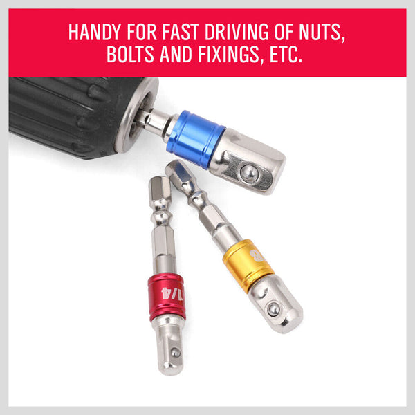 Horusdy 3Pc Socket Bit Adaptor Set Drill Nut Driver Power Extension Bars 1/4" 3/8" 1/2" Drill Bits
