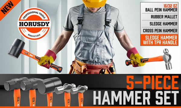Horusdy 5Pc Hammer Set Rubber / Ball Pein Sledge Cross Mallet Tpr Grip Handle Hammers & Mallets