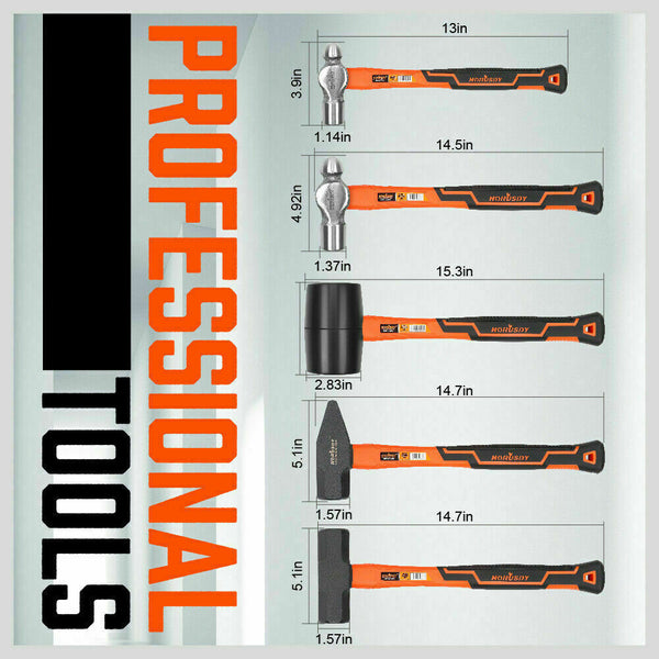 Horusdy 5Pc Hammer Set Rubber / Ball Pein Sledge Cross Mallet Tpr Grip Handle Hammers & Mallets
