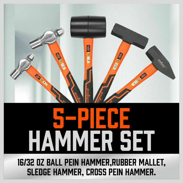 Horusdy 5Pc Hammer Set Rubber / Ball Pein Sledge Cross Mallet Tpr Grip Handle Hammers & Mallets