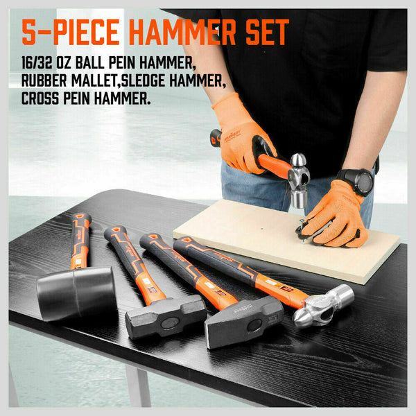 Horusdy 5Pc Hammer Set Rubber / Ball Pein Sledge Cross Mallet Tpr Grip Handle Hammers & Mallets