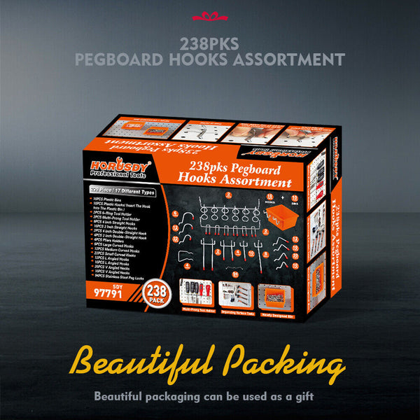 238Pc Pegboard Hooks Set Board Bins Parts Storage Assortment Tools Organiser Wall Tool Racks