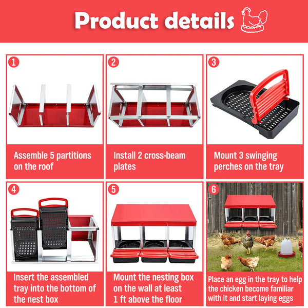 Vaka Chicken Hen Coop Hutch 3 Hole Inside Outside Roll Away Lay Egg Nesting Box Poultry Cages