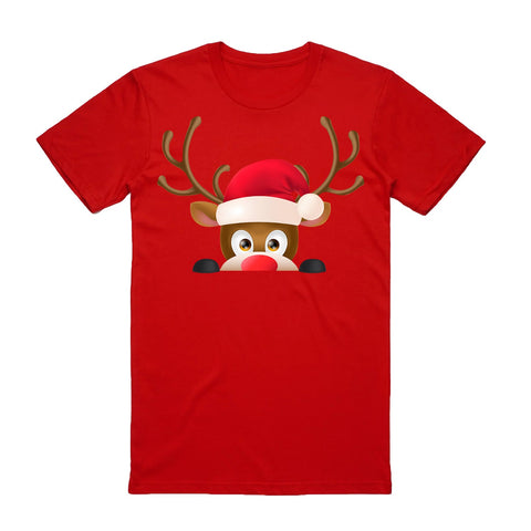 100% Cotton Christmas T-Shirt Adult Unisex Tee Tops Funny Santa Party Custume, Reindeer Head (Red)