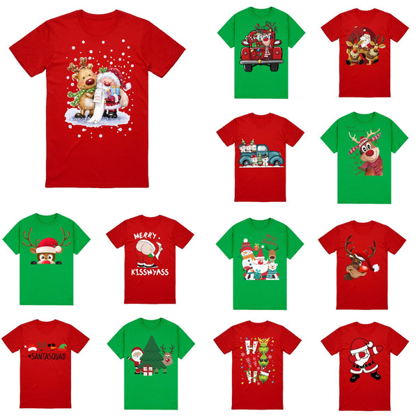 100% Cotton Christmas T-Shirt Adult Unisex Tee Tops Funny Santa Party Custume, Reindeer Head (Red)