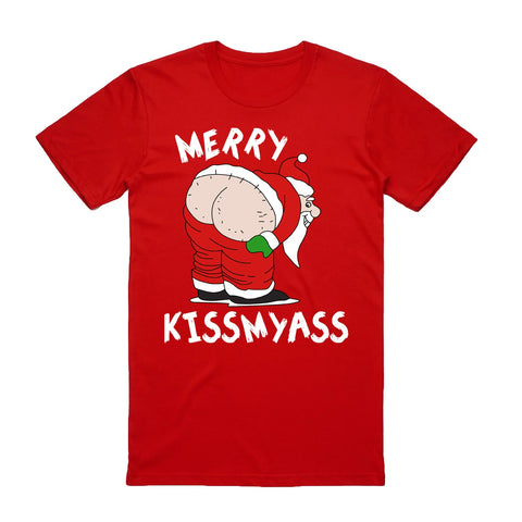 100% Cotton Christmas T-Shirt Adult Unisex Tee Tops Funny Santa Party Custume, Merry Kissmyass (Red)
