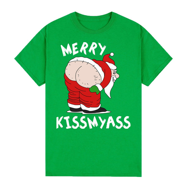 T Shirts Zmart Australia 100% Cotton Christmas T Shirt Adult Unisex Tee Tops Funny Santa Party Custume Merry Kissmyass (Green)