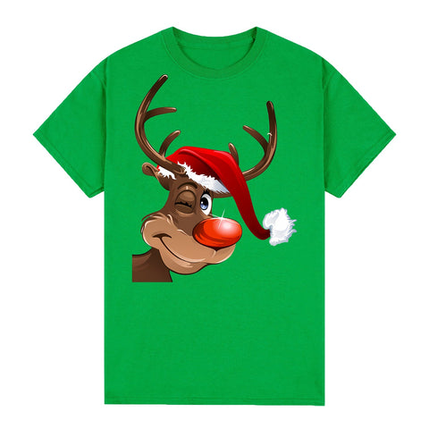 100% Cotton Christmas T-Shirt Adult Unisex Tee Tops Funny Santa Party Custume, Reindeer Wink (Green)