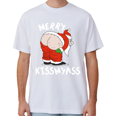 Zmart Australia 100% Cotton Christmas T Shirt Adult Unisex Tee Funny Santa Party Custume Merry Kissmyass (White) 2Xl Tops