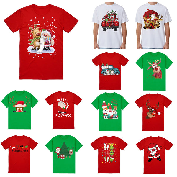 100% Cotton Christmas T-Shirt Adult Unisex Tee Tops Funny Santa Party Custume, Reindeer Wink (White), 2Xl
