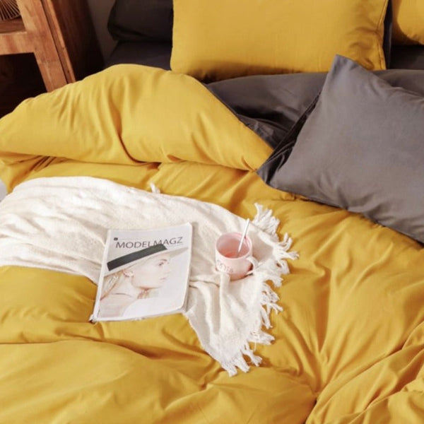 Fabric Fantastic 1000Tc Reversible King Size Yellow And Grey Duvet Quilt Cover Set Quilt Covers