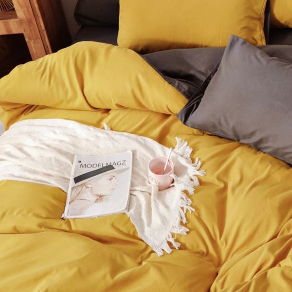 Fabric Fantastic 1000Tc Reversible Super King Size Yellow And Grey Duvet Quilt Cover Set Quilt Covers