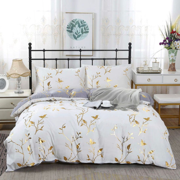 Reversible Design Leaves Grey Super King Size Bed Quilt/Duvet Cover Set