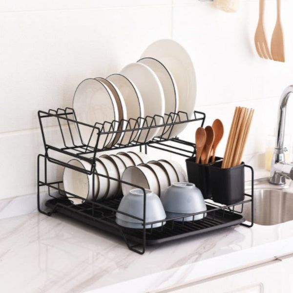 2 Tier Dish Drainer With Cutlery Holder Black