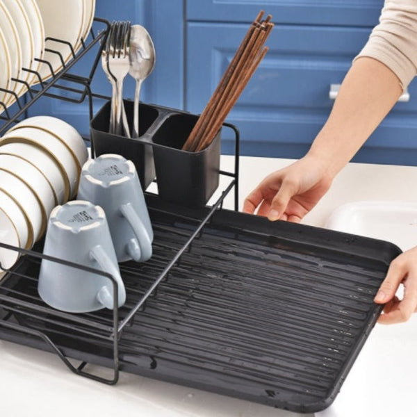 2 Tier Dish Drainer With Cutlery Holder Black