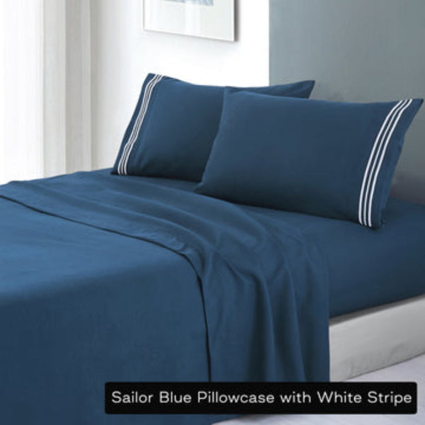 Soft Microfibre Embroidered Stripe Sheet Set King Single Sailor Blue Pillowcase White Sheets