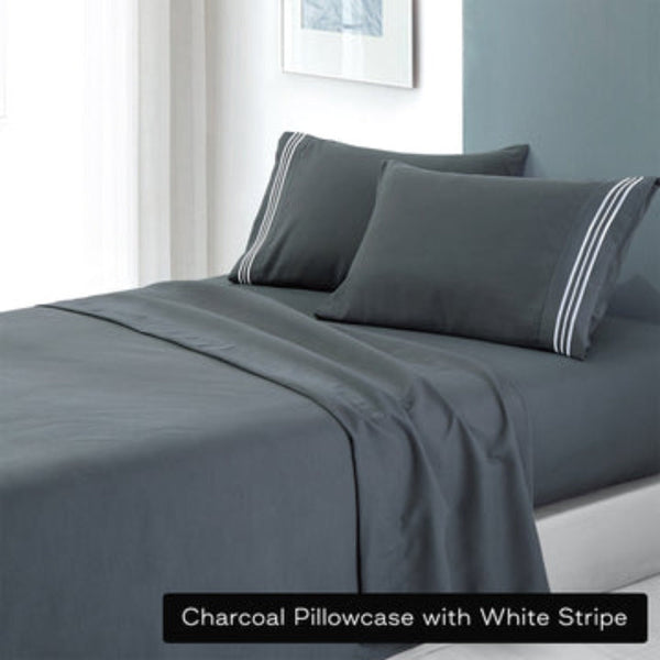 Soft Microfibre Embroidered Stripe Sheet Set Single Charcoal Pillowcase White Sheets