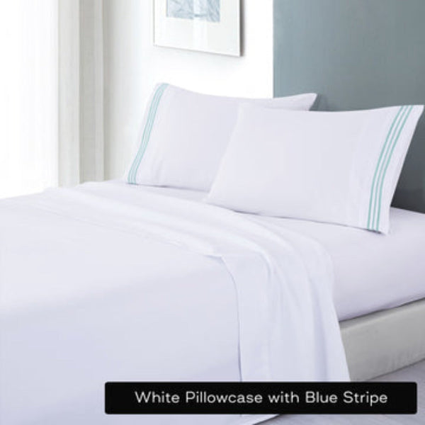 Soft Microfibre Embroidered Stripe Sheet Set Single White Pillowcase Blue Sheets