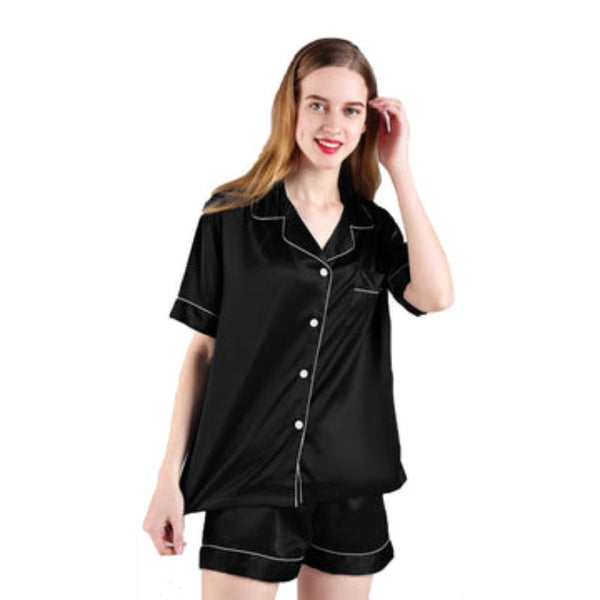 2Pc Satin Short Women Pajamas Set Large Black Sleepwear