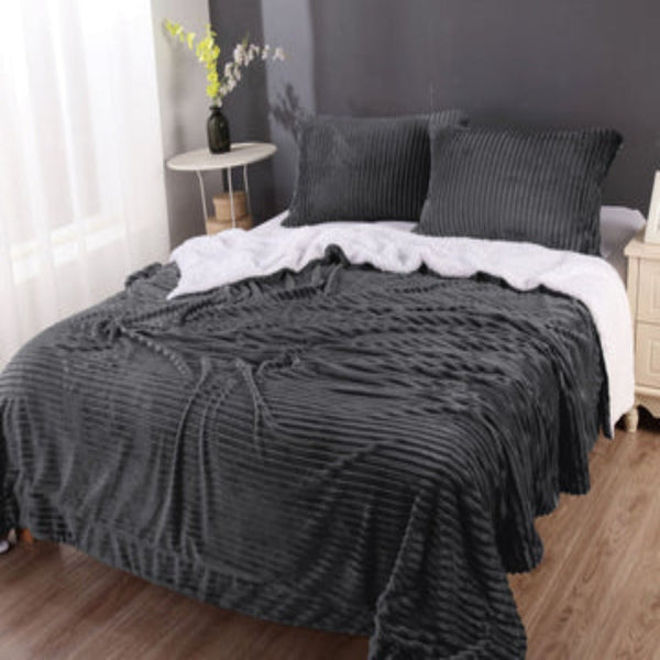 Stripe Flannel Sherpa Blanket Queen Charcoal Blankets