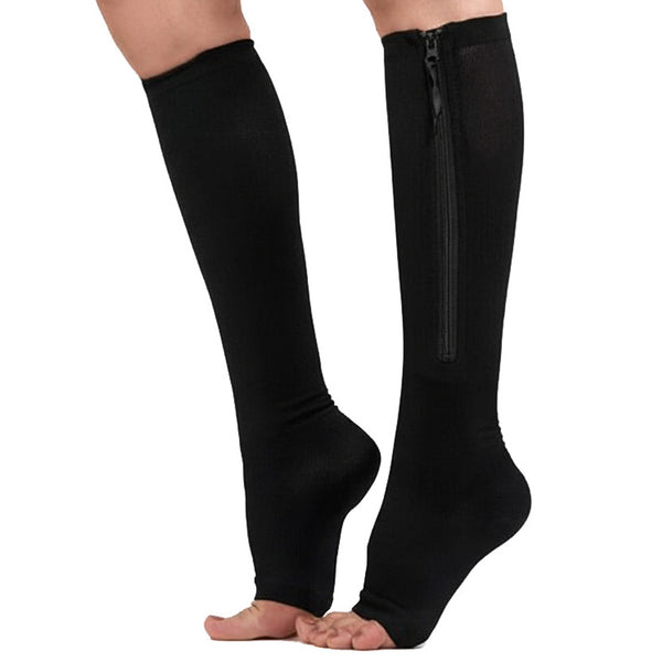 Zip Sox Compression Socks Zipper Leg Support Knee Open Toe Shaper Stockings Beige L/Xl Support & Protective Gear