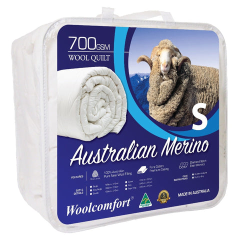 Woolcomfort Aus Made Merino Quilt 700Gsm 140X210cm Single Size Quilt Covers