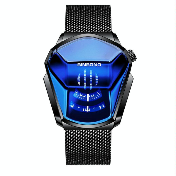 Black Technology Men Watch With Locomotive Concept Net Belt Steel Blue Face Watches