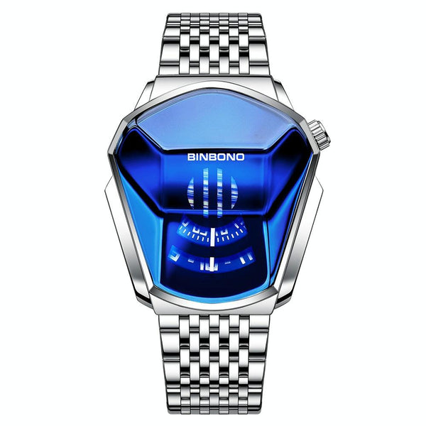 Black Steel Belt Men Watch With Live Technology White Blue Face Watches