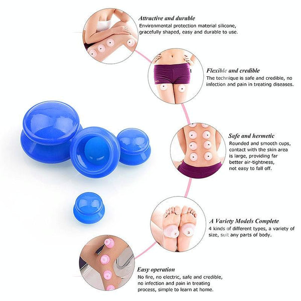 4 Piece Silicone Cupping Therapy Set For Body Massage Blue Massagers