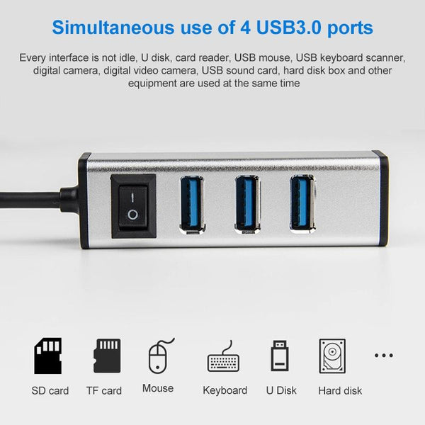 4 Port Aluminum Usb 3.0 Hub With Switch Silver Usb Cables Hubs & Adapters