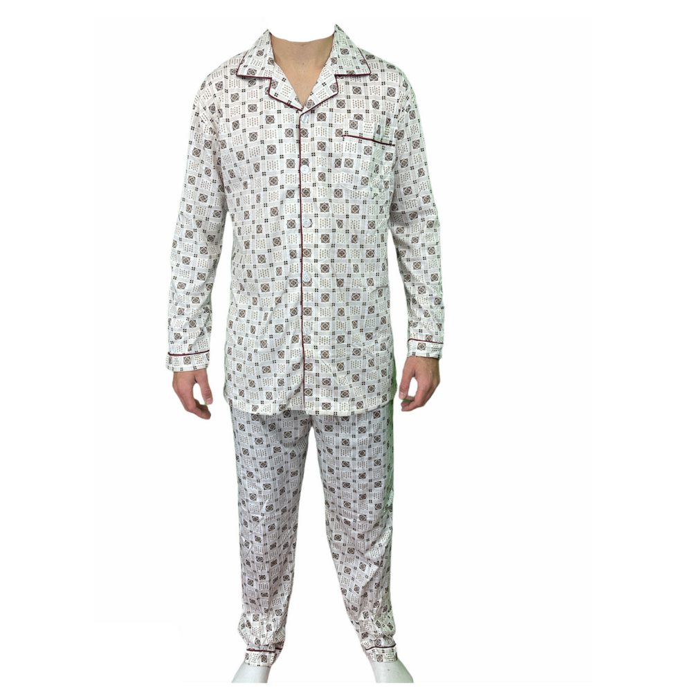 Br Apparel Mens Cotton Pajamas Pyjamas Pjs Long Sleeve Shirt Tops + Pants Set Sleepwear White/Brown Sleepwear & Robes