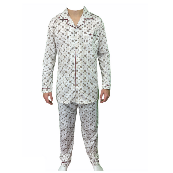Br Apparel Mens Cotton Pajamas Pyjamas Pjs Long Sleeve Shirt Tops + Pants Set Sleepwear White/Brown Sleepwear & Robes