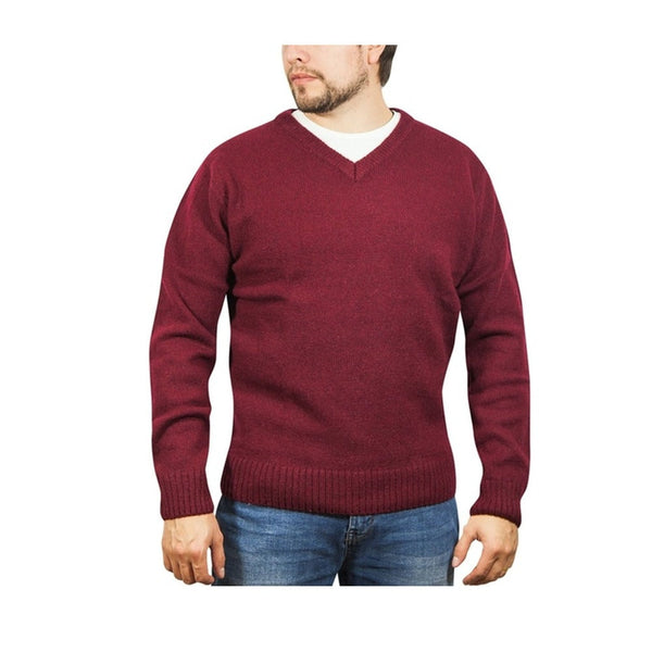 100% Shetland Wool V Neck Knit Jumper Pullover Mens Sweater Knitted Burgundy (97) Jumpers