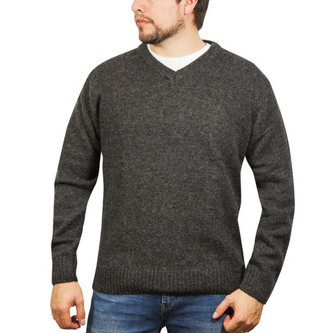100% Shetland Wool V Neck Knit Jumper Pullover Mens Sweater Knitted - Charcoal (29)