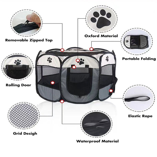 Bargene 8 Panel Pet Dog Cat Crate Play Pen Bags Kennel Portable Tent Playpen Puppy Cage Extra Large Grey Fences & Pens