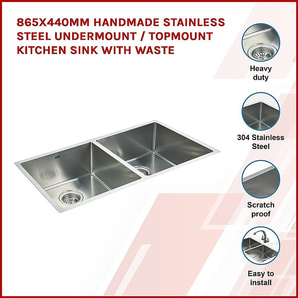 Brienz 865X440mm Handmade Stainless Steel Undermount / Topmount Kitchen Sink With Waste Kitchen Sinks