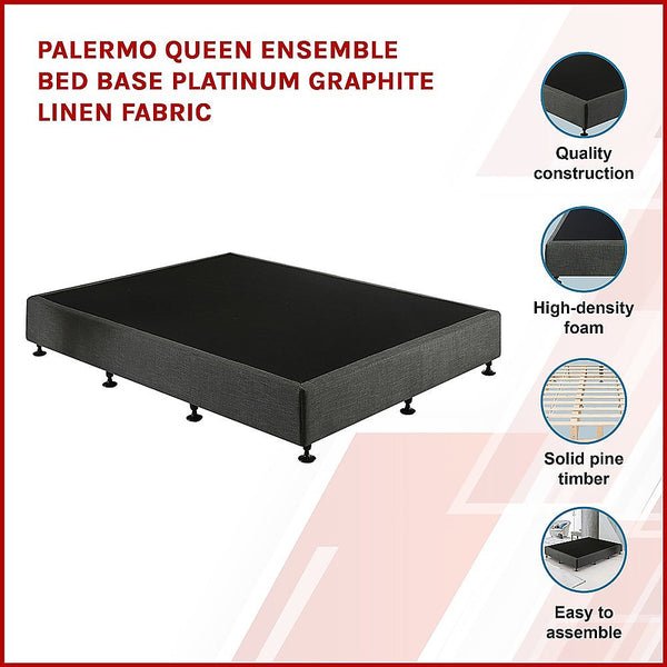 Palermo Queen Ensemble Bed Base Platinum Graphite Linen Fabric Queen Bed Frames